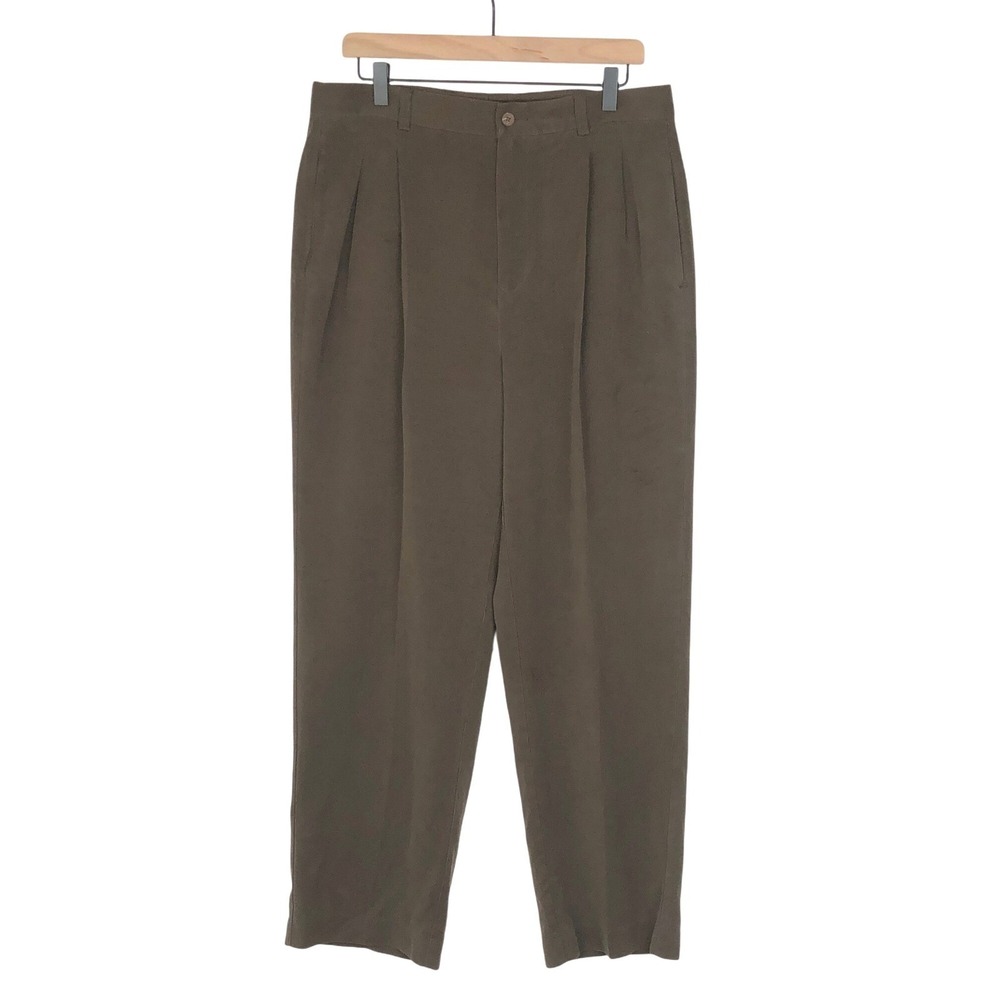 TOMMY BAHAMA 100% Silk Pleated Dress‎ Pants Men's Sz 34x28 Olive Green Relaxed